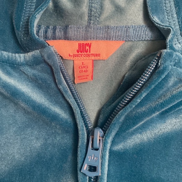 Juicy Couture Velour Hoodie Spellout JUICY on Hood Teal Peacock Girls Sz 14 - Picture 6 of 11
